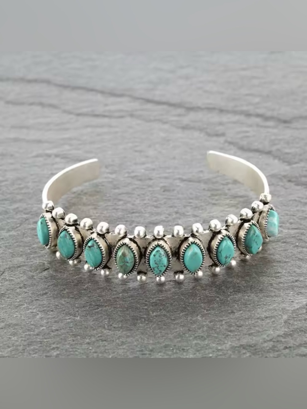 ✨ Boho Silver Turquoise Cuff Bracelet Oval Stone Beaded Statement 🆕